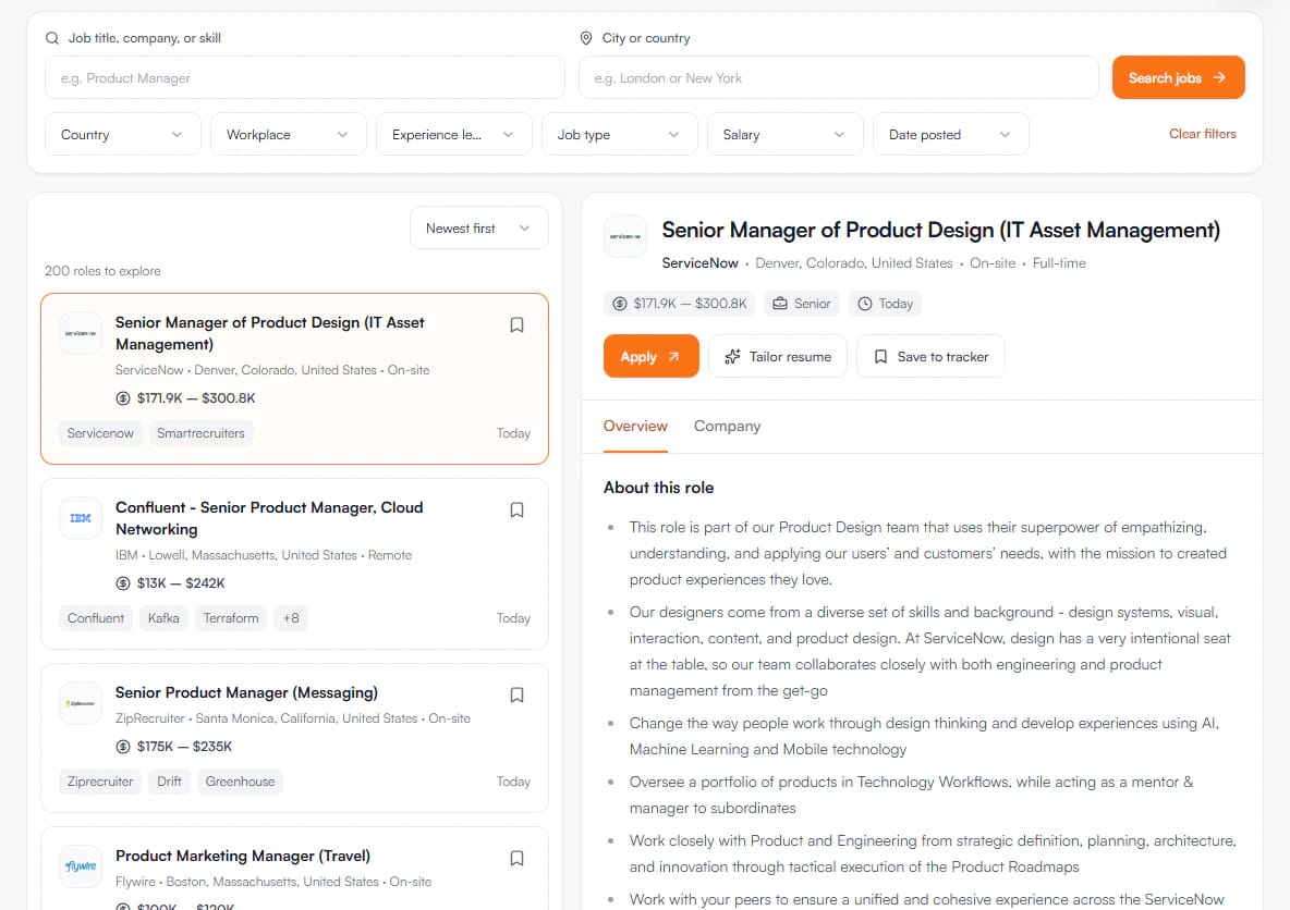 The jobs board: search and filters for role, workplace, experience, job type, salary and date, product roles in a list, and the selected listing with Apply, Tailor resume and Save to tracker.